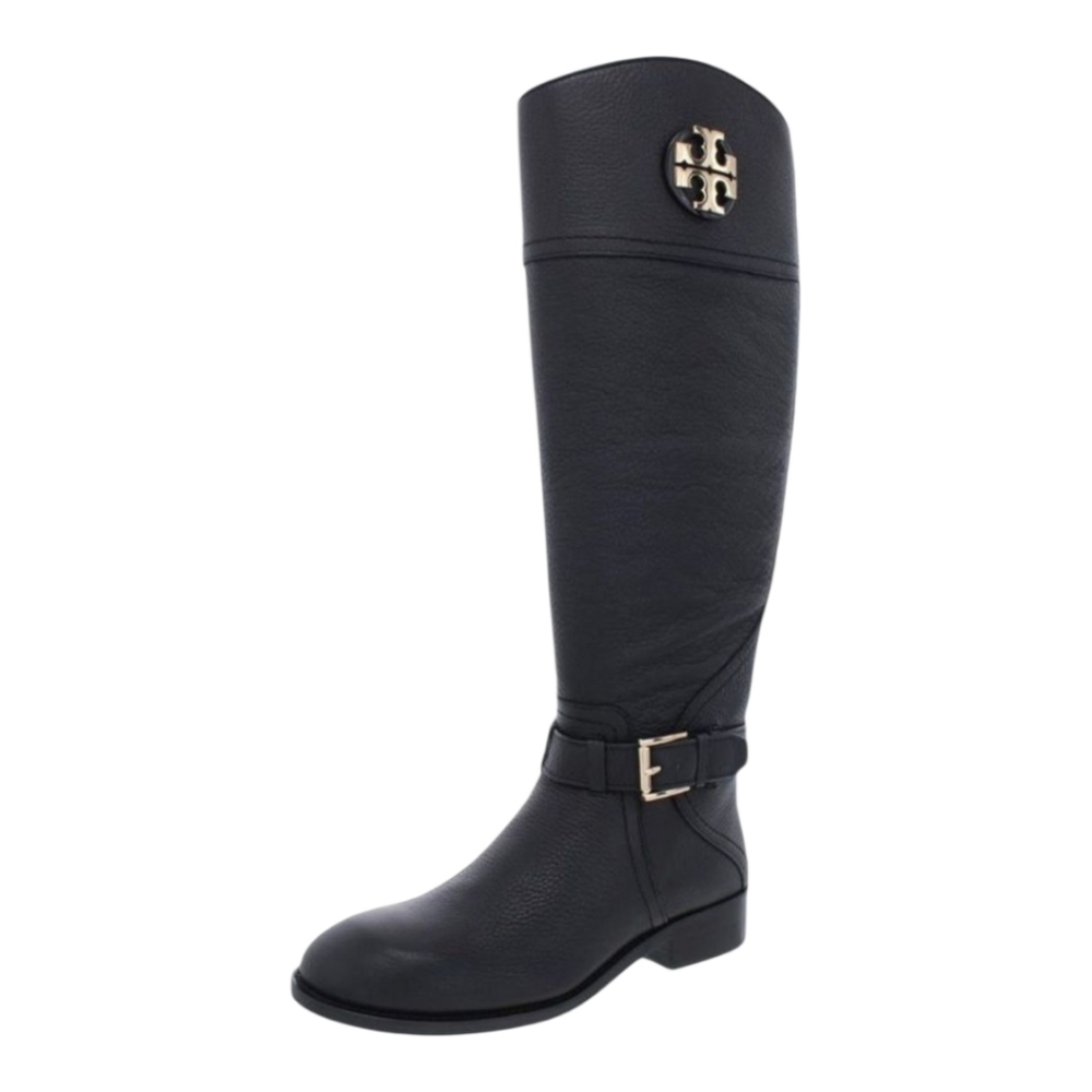 Tory Burch Claire Riding Boots Black Tumbled Leather Gold Hardware - Picture 10 of 11